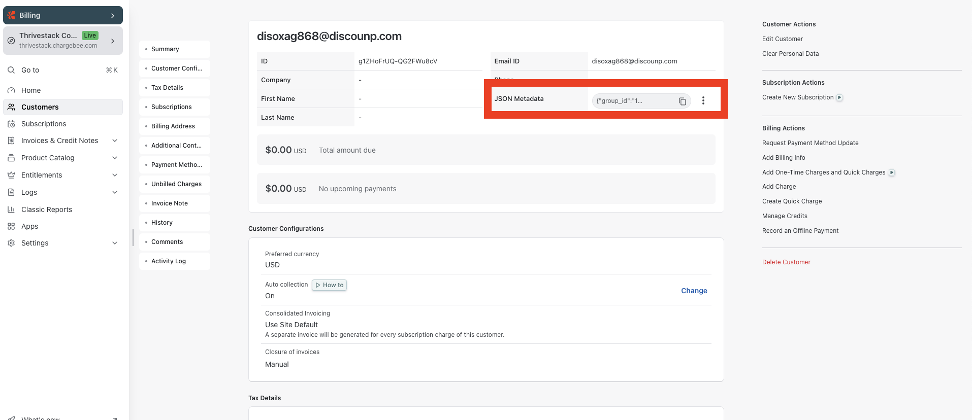 Chargebee customer JSON Metadata field showing group_id