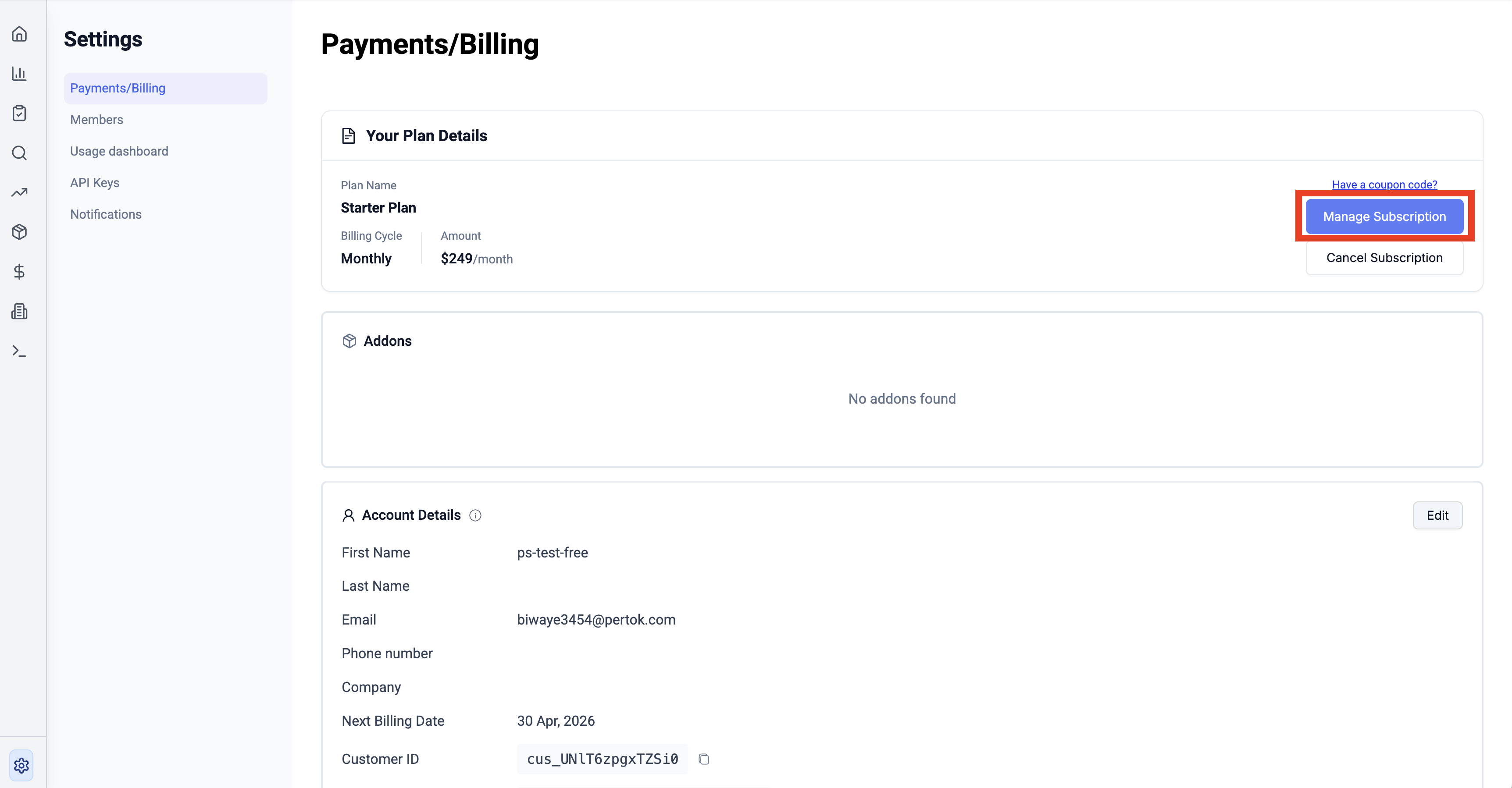 Click Manage Subscription on the Payments/Billing page