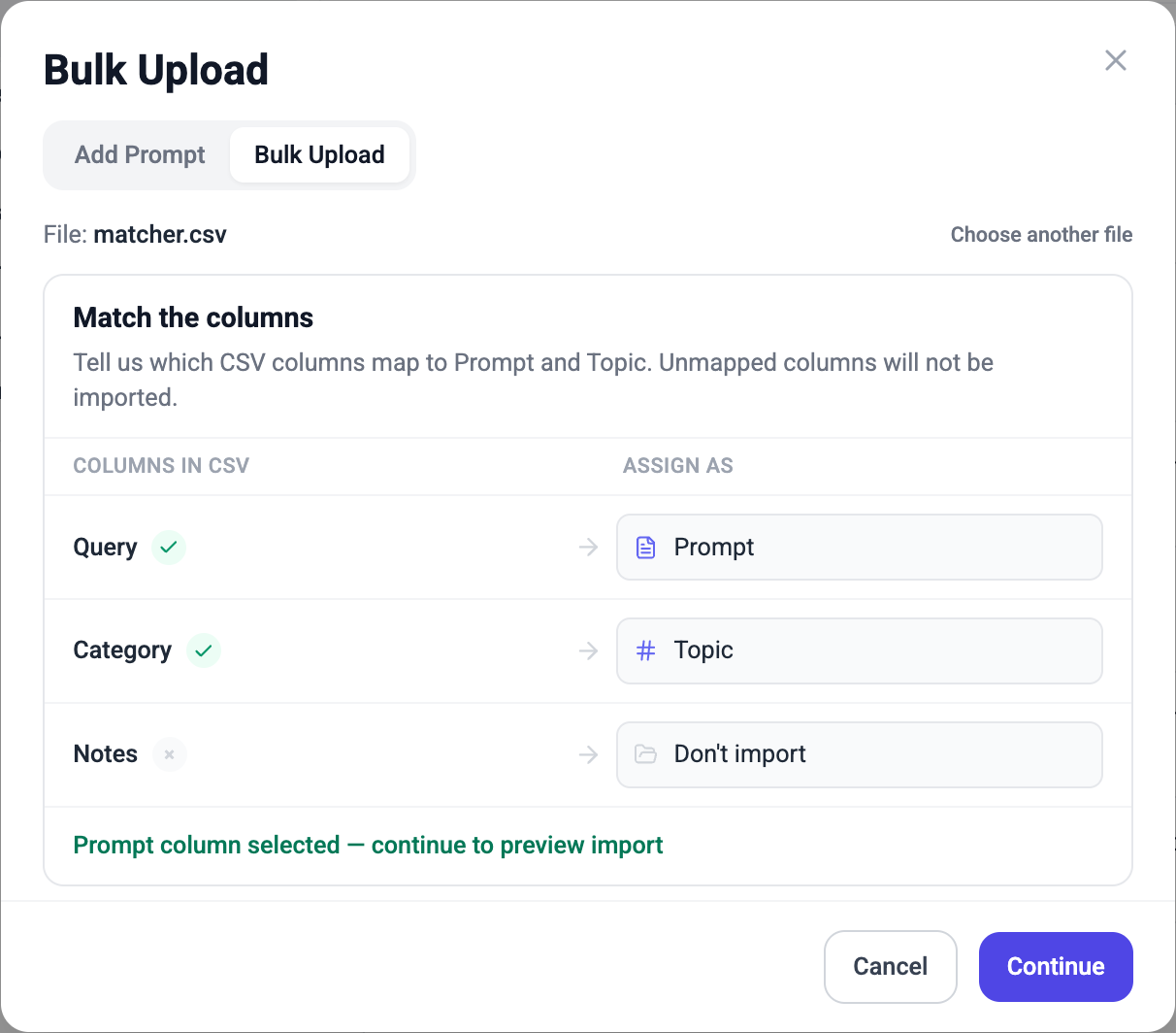 Match the columns step mapping CSV headers to Prompt, Topic, or Don't import