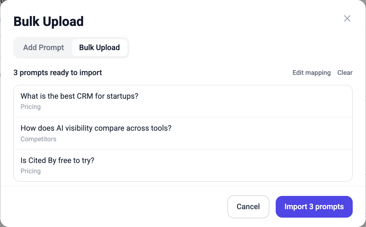 Preview of prompts ready to import from the CSV