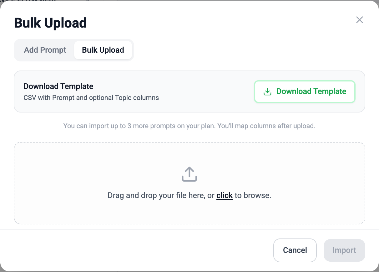 Add Prompt modal on the Bulk Upload tab, showing Download Template and the CSV drop zone