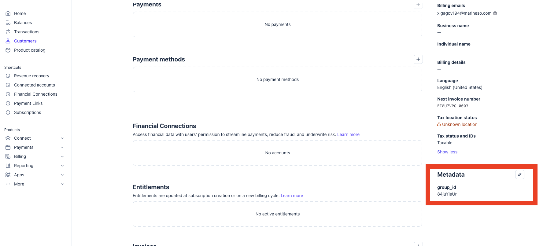 Stripe customer Metadata panel showing group_id